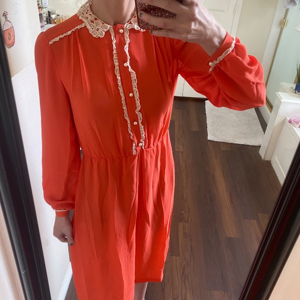 Vintage 1970s handmade orange ivory lace long sleeve a-line midi dress - Picture 5 of 7